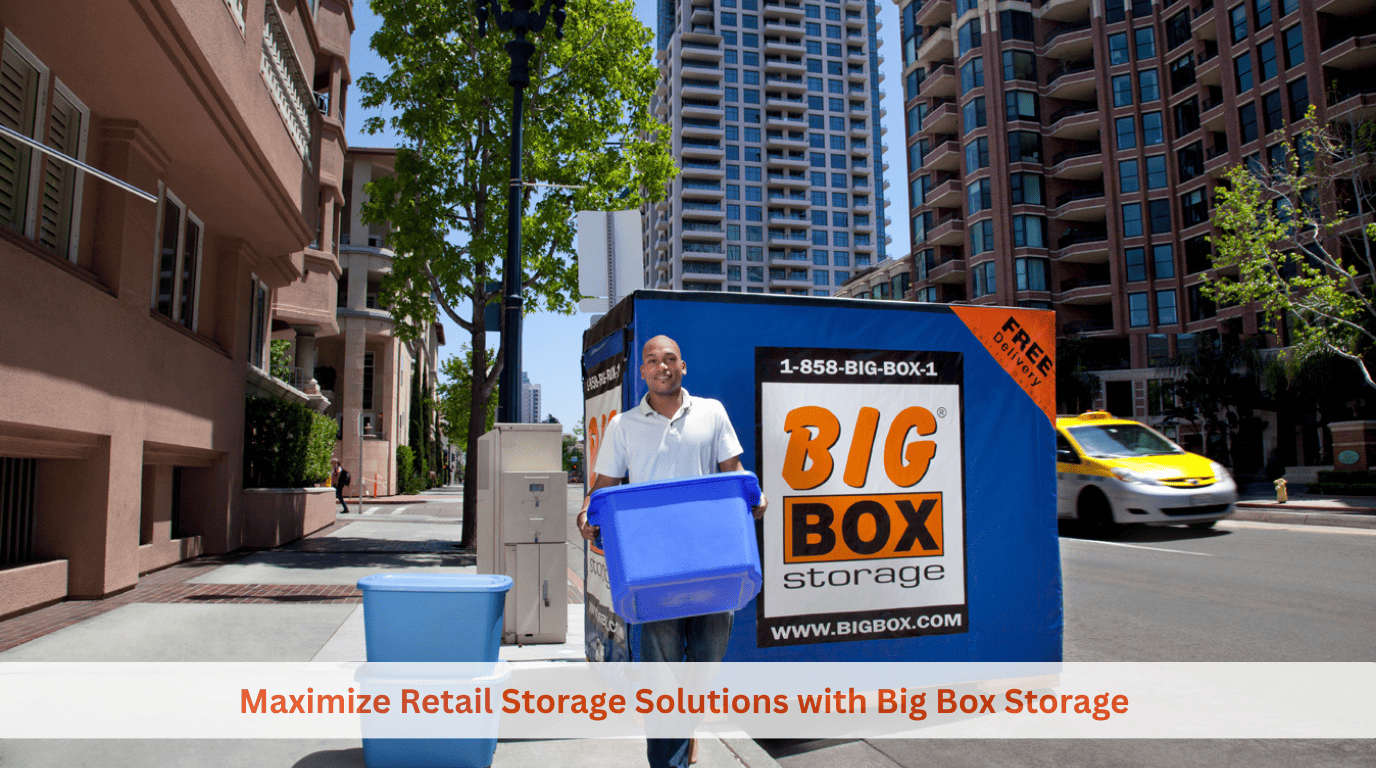 Man carrying tub beside Big Box container