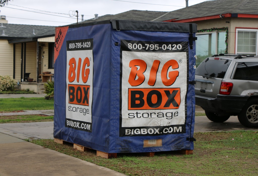 Wooden storage box from Big Box Storage outside san diego home.