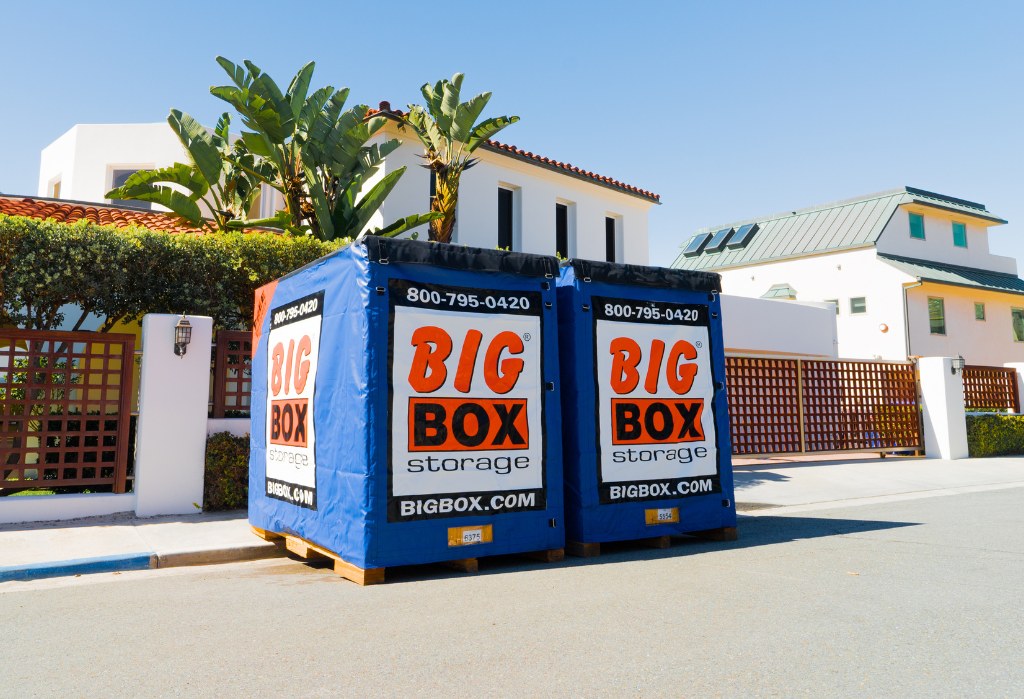 Two Big Box Storage containers placed outside a San Diego home, ready for packing or moving services.